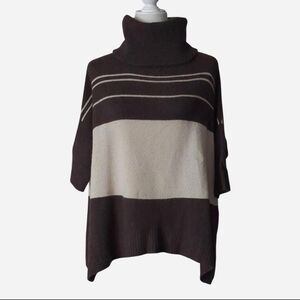 360 Cashmere Cozy Striped Oversized Turtleneck Sweater Poncho - Brown/Cream Colo